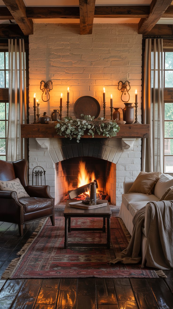 An inviting farmhouse living room centered around a glowing stone fireplace. A reclaimed wood mantel sits above the hearth, styled with antique candlesticks and cozy garlands. Natural textures, warm lighting, and layered rugs complete the scene. An inviting farmhouse living room centered around a glowing stone fireplace. A reclaimed wood mantel sits above the hearth, styled with antique candlesticks and cozy garlands. Natural textures, warm lighting, and layered rugs complete the scene.