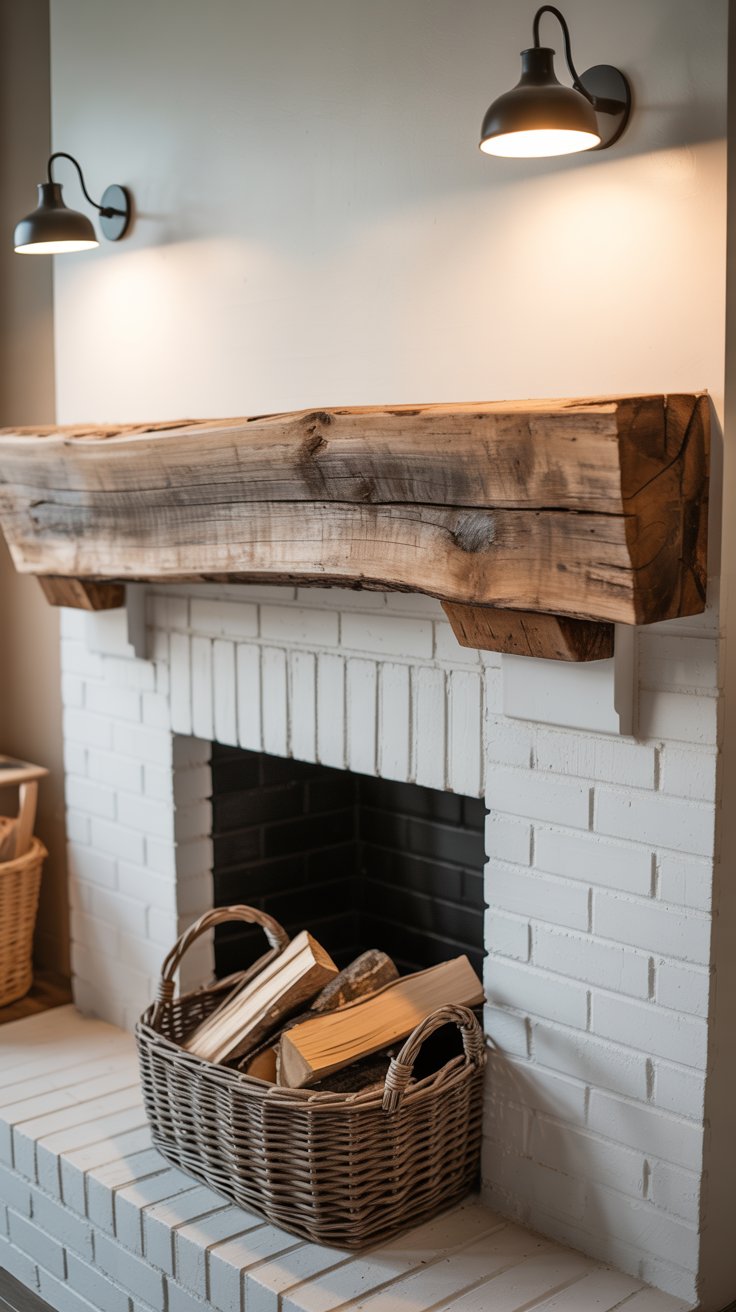 A reclaimed wood mantel with raw edges mounted over a white-painted brick fireplace, flanked by simple black sconces. A woven basket of logs sits by the hearth. A reclaimed wood mantel with raw edges mounted over a white-painted brick fireplace, flanked by simple black sconces. A woven basket of logs sits by the hearth.