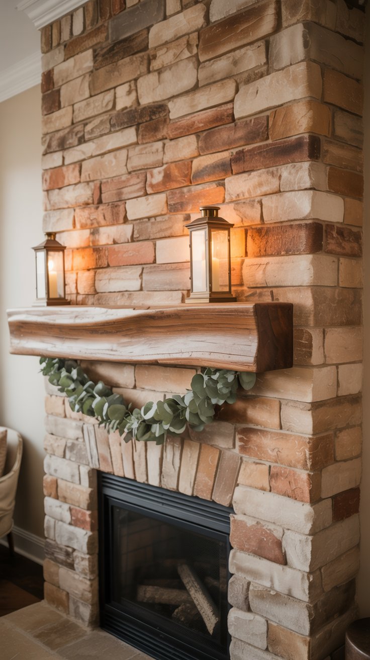 A full-height stone fireplace in earthy tones, topped with a thick wooden mantel. A simple garland of eucalyptus hangs loosely above the firebox, with vintage lanterns placed on either side. A full-height stone fireplace in earthy tones, topped with a thick wooden mantel. A simple garland of eucalyptus hangs loosely above the firebox, with vintage lanterns placed on either side.