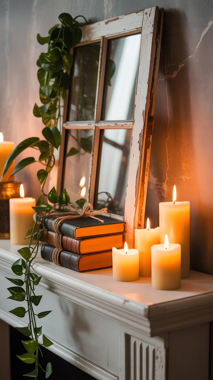 A mantel featuring a leaning vintage window, a stack of books tied with twine, and a trailing plant spilling over one side. Flickering candles add warm glow to the scene. A mantel featuring a leaning vintage window, a stack of books tied with twine, and a trailing plant spilling over one side. Flickering candles add warm glow to the scene.