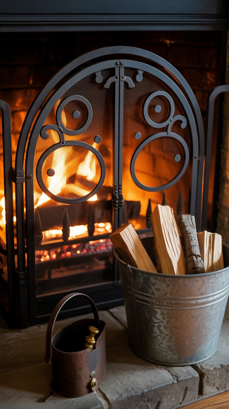 A black wrought iron screen with an arched top in front of a glowing fire. A galvanized bucket filled with kindling sits beside it, along with an antique bellows tool. A black wrought iron screen with an arched top in front of a glowing fire. A galvanized bucket filled with kindling sits beside it, along with an antique bellows tool.