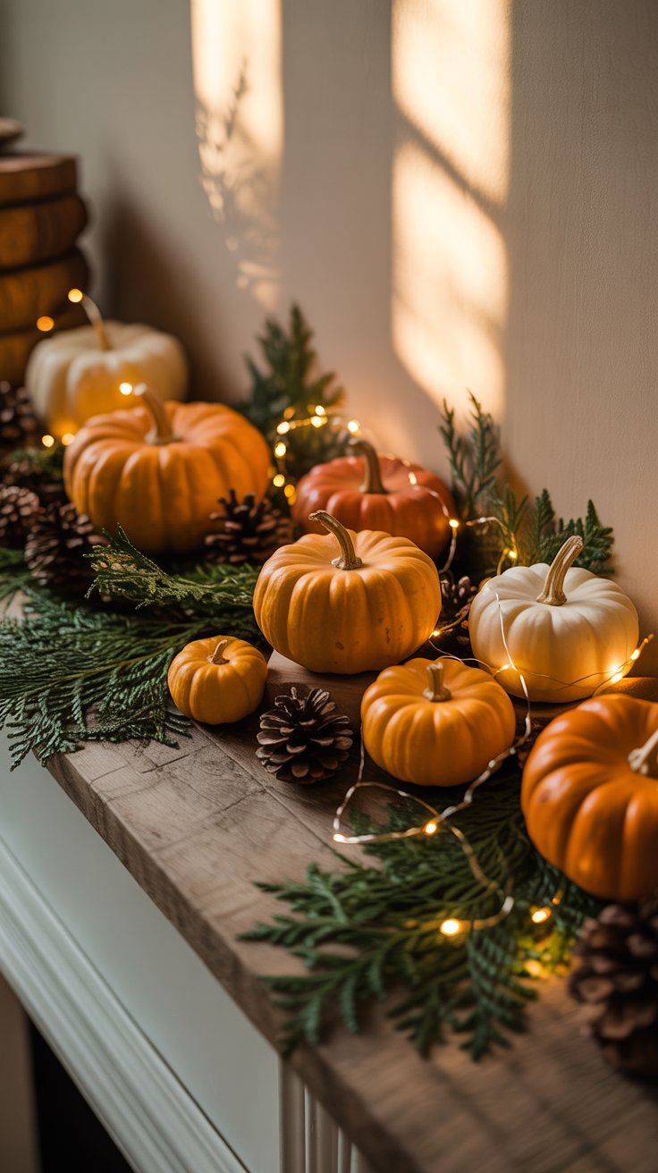 A mantel transitioning from fall to winter with soft oranges and deep greens. Mini pumpkins mix with pinecones and a string of warm fairy lights. A mantel transitioning from fall to winter with soft oranges and deep greens. Mini pumpkins mix with pinecones and a string of warm fairy lights.