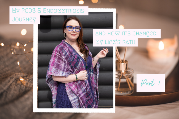 The Cover Image has a background of cozy lights and a candle; there is a photo of Jane with a purple lace dress and a lavender plaid shawl. She is wearing blue glasses.  100-250 character Post Description: Jane describes the beginning of the health journey that led to her coaching business. She tells the story of how she was diagnosed with PCOS in 2014.