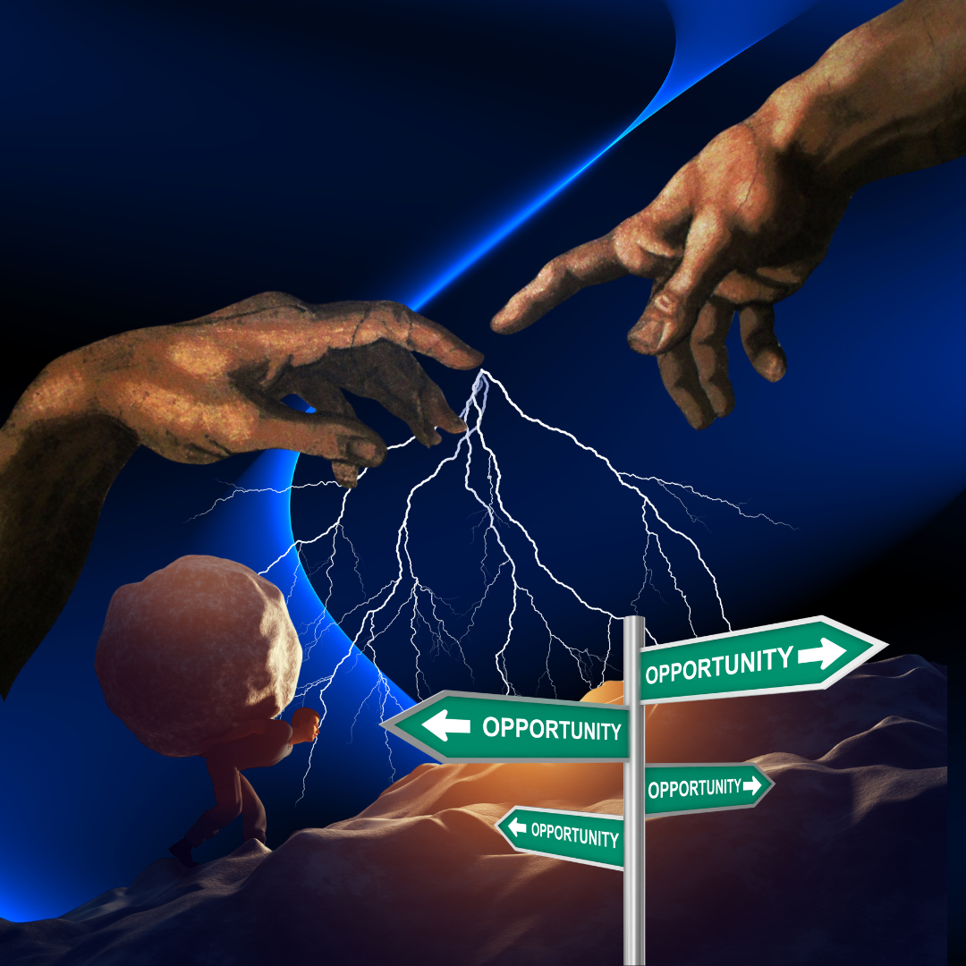 Hands touching with lightning spark as a man carries a heavy load Hands touching with lightning spark as a man carries a heavy load