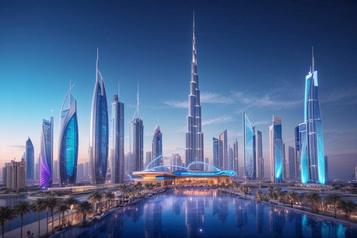 A futuristic skyline of Dubai, seamlessly blending traditional architecture with digital holograms and AI interfaces. Neon lights highlighting "AI Real Estate" with drones showcasing properties in the sky.