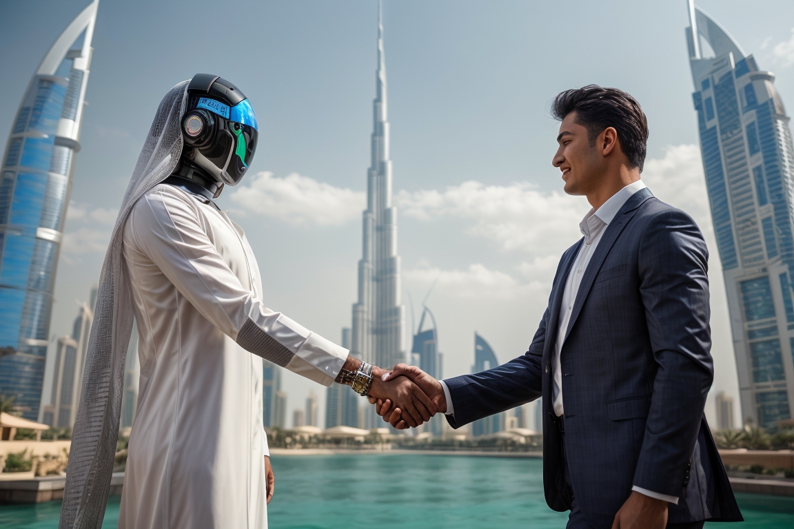 A high-resolution, digital art representation of a real estate agent and an AI robot shaking hands against a backdrop of Dubai's iconic skyscrapers. Symbolizing the collaboration between humans and AI in the real estate market.