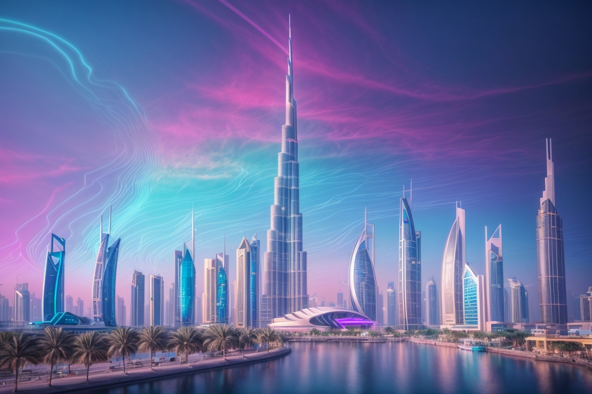 A dynamic, synthwave-inspired digital art of Dubai's skyline, with AI neural networks and digital waves flowing between buildings, symbolizing the interconnectedness of real estate and AI technologies.