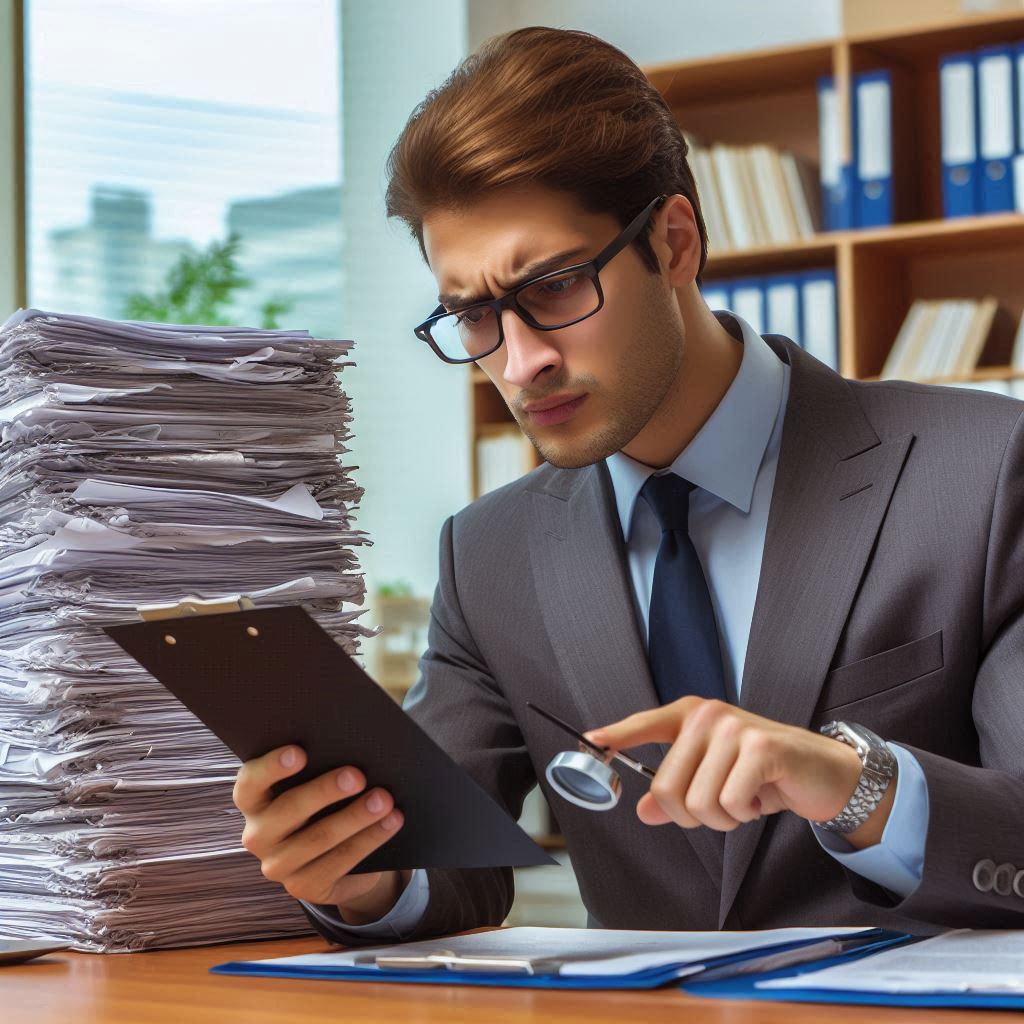 A paralegal reviewing medical records with a magnifying glass, highlighting potential errors in legal cases. A paralegal reviewing medical records with a magnifying glass, highlighting potential errors in legal cases.