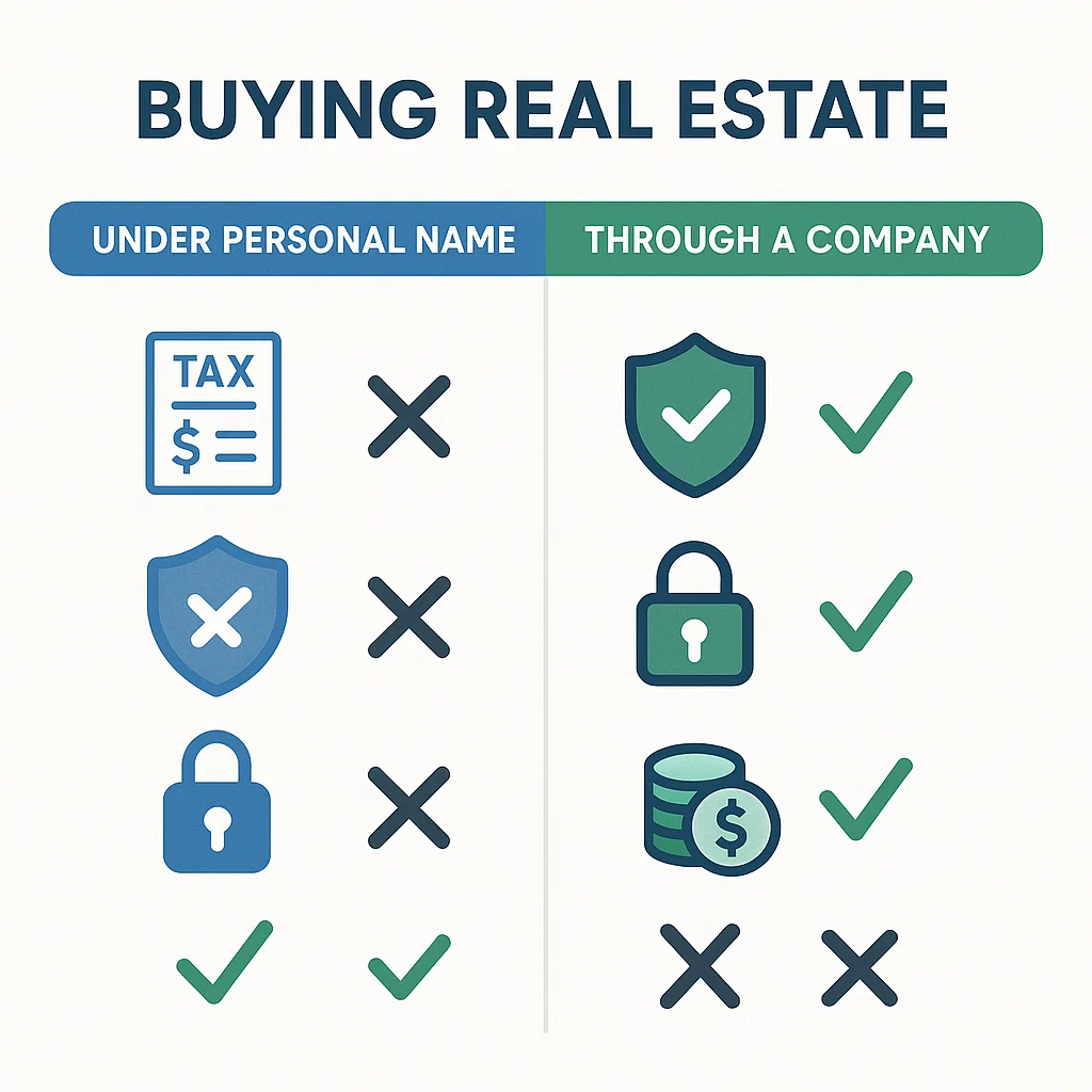 Infografía que compara los pros y contras de comprar bienes raíces en el sur de la Florida a nombre personal versus a través de una empresa, mostrando las principales diferencias en impuestos, responsabilidad legal, privacidad y costos. Infografía que compara los pros y contras de comprar bienes raíces en el sur de la Florida a nombre personal versus a través de una empresa, mostrando las principales diferencias en impuestos, responsabilidad legal, privacidad y costos.