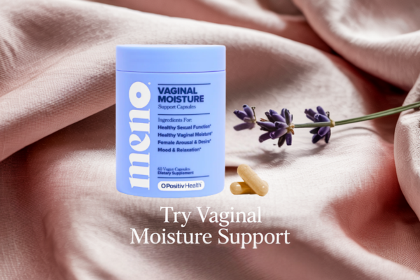 Product image of oPositiv MENO Vaginal Moisture Support Capsules displayed on soft pink satin fabric, with two capsules and a sprig of lavender beside the bottle. Product image of oPositiv MENO Vaginal Moisture Support Capsules displayed on soft pink satin fabric, with two capsules and a sprig of lavender beside the bottle.