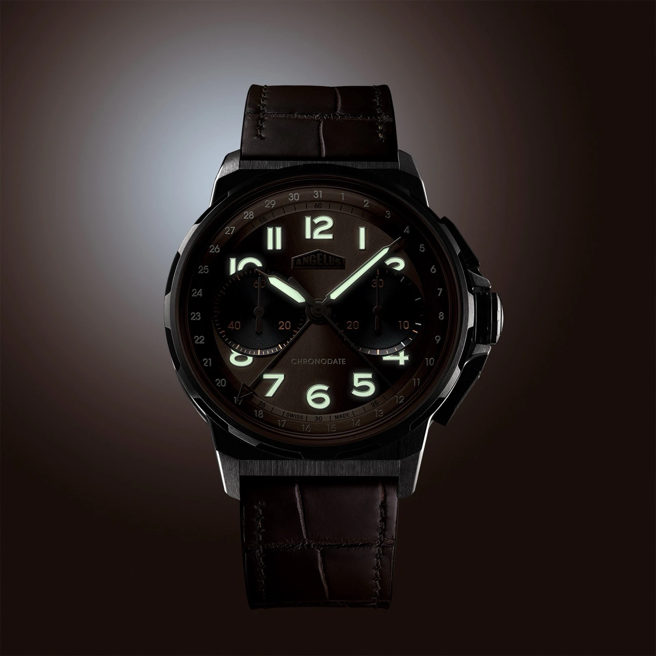 Close-up of Angelus Chronodate Moka dial showing mocha brown sunray finish and black sub-dials