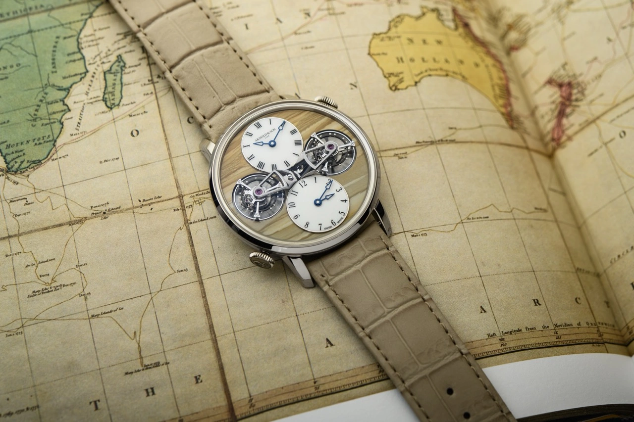 Arnold & Son x Chronopassion Double Tourbillon ‘Landscape’ showing dual opal time displays over landscape jasper