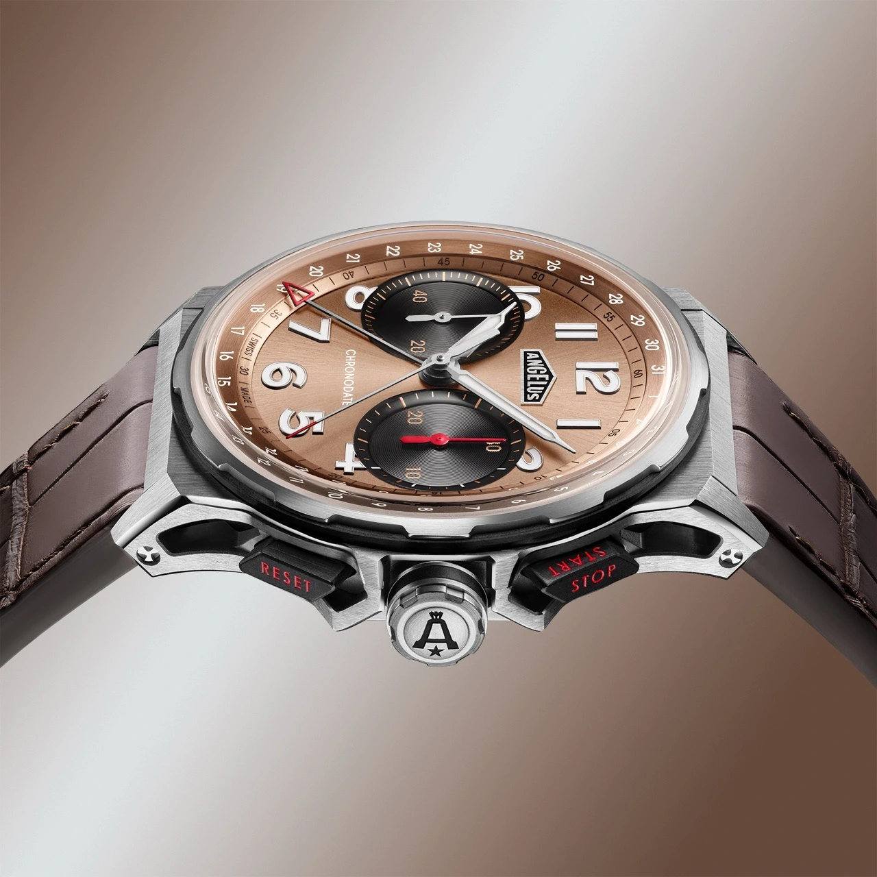Caseback and movement view of Angelus Chronodate Moka with A-500 calibre