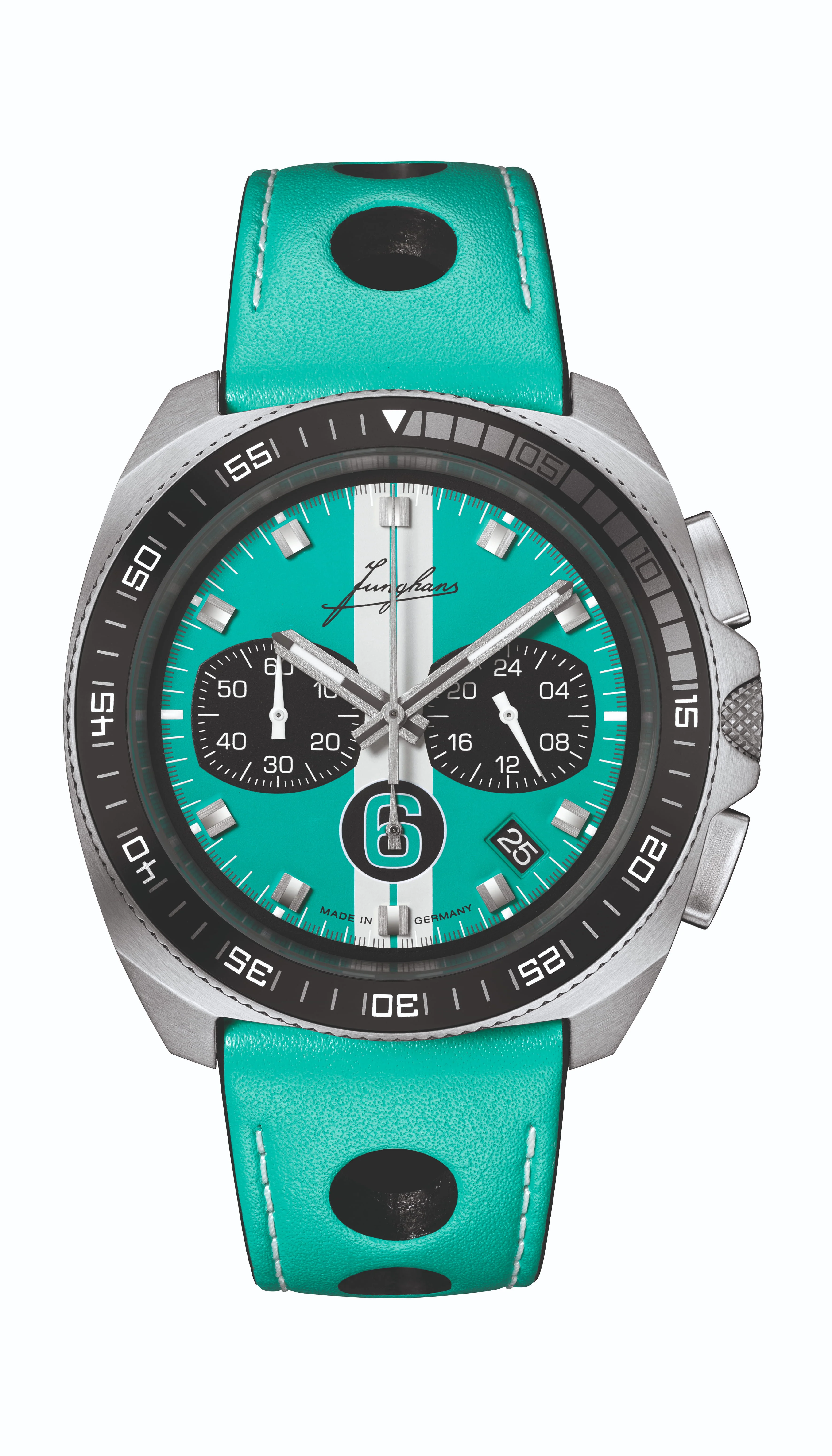 Junghans 1972 Chronoscope Sports Edition 2026 trio with orange, turquoise and green dials