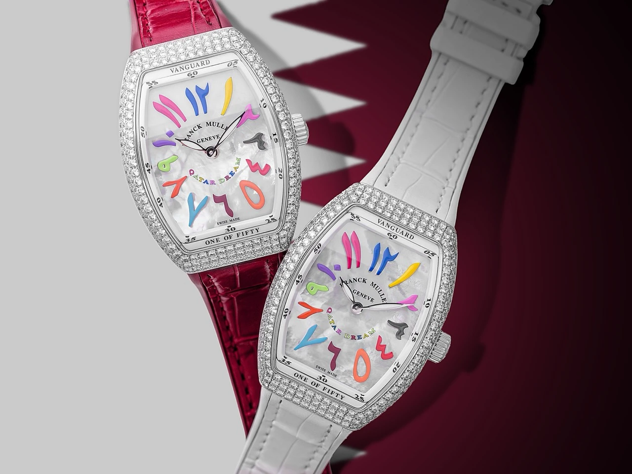 Franck Muller Vanguard Qatar Dreams diamond-set watch with coloured alligator strap