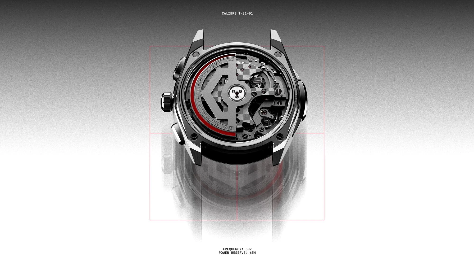 Calibre TH81-01 movement of the TAG Heuer Carrera Split-Seconds Chronograph seen through the sapphire caseback