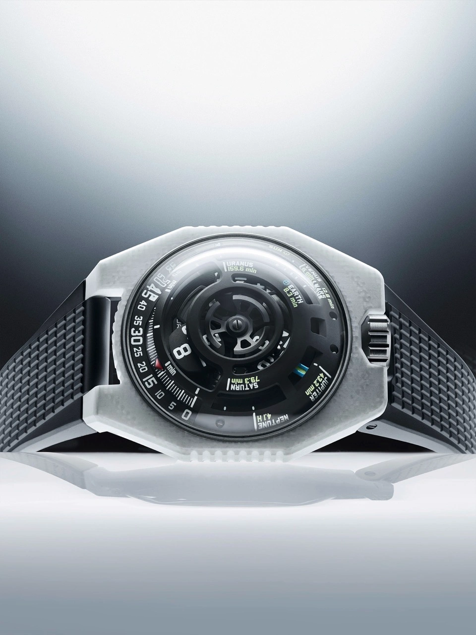 URWERK UR-100V LS Ceramic LightSpeed with white composite case and black satellite display