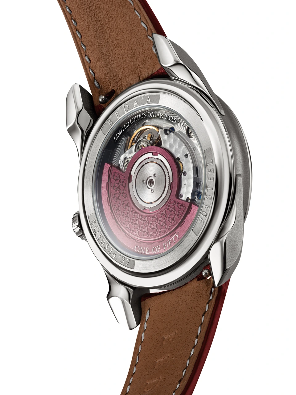 Caseback of the Beda’a Eclipse Qatar Limited Edition with maroon rotor