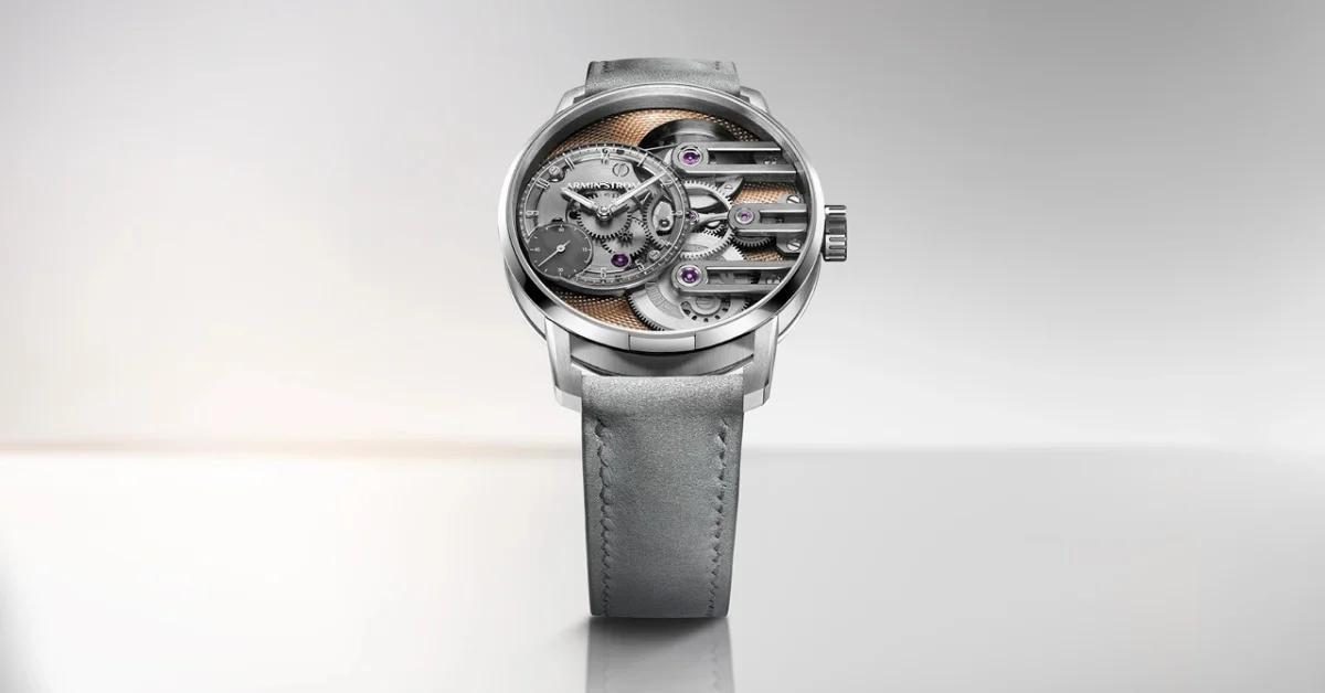 Armin Strom Gravity Equal Force Ultimate Sapphire Salmon with salmon PVD guilloché mainplate and grey nubuck strap