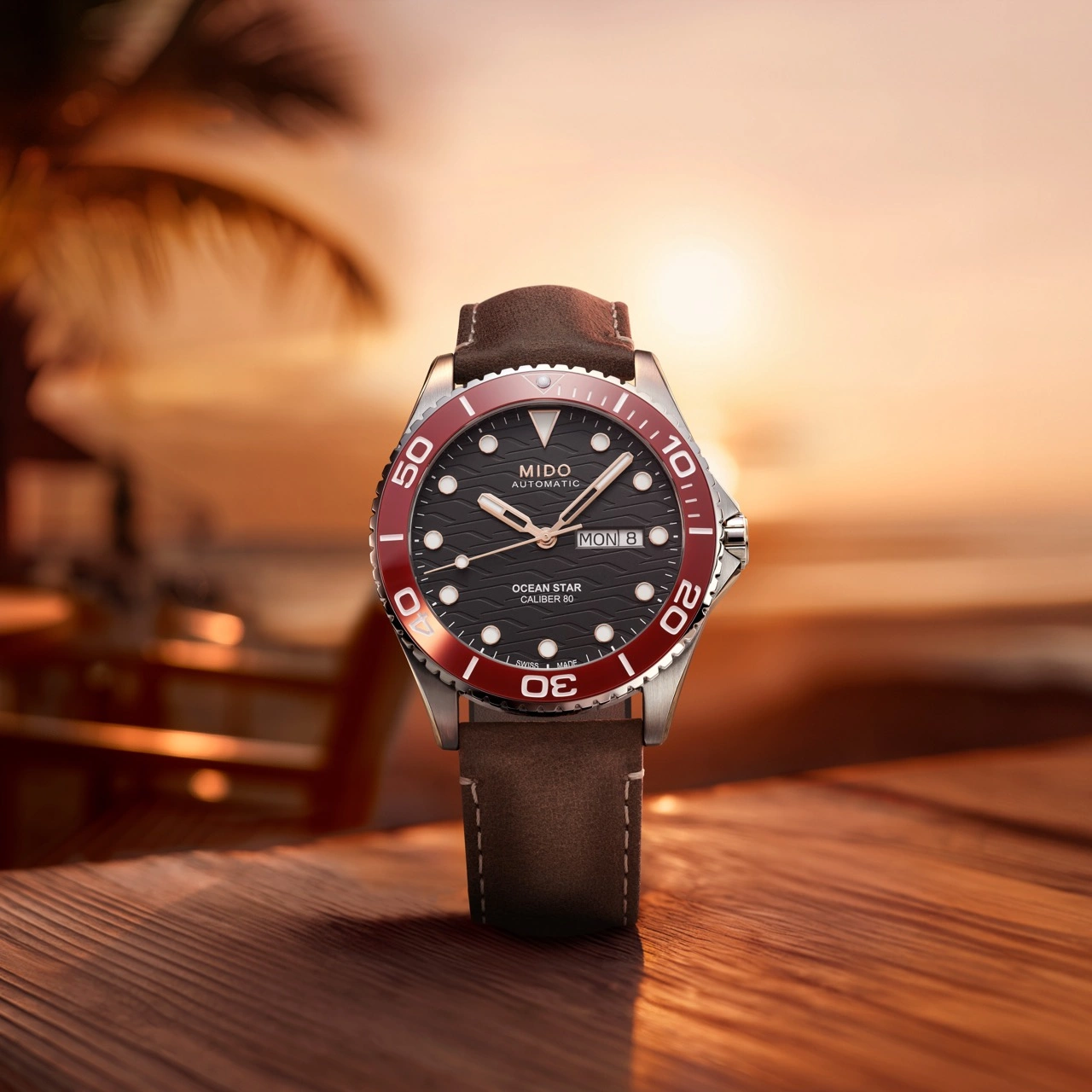 MIDO Ocean Star 200C with red ceramic bezel and brown leather strap