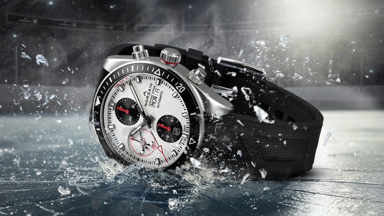 Profile view of the NORQAIN Adventure Chrono 41mm NHL Limited Edition highlighting case and bezel