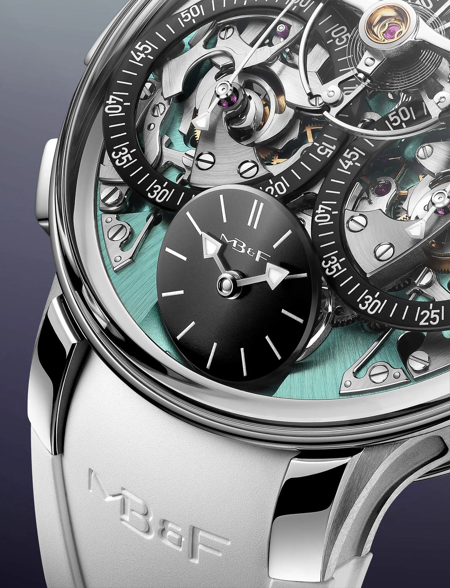 MB&F LM Sequential Flyback EVO in grade 5 titanium with aquamarine dial plate