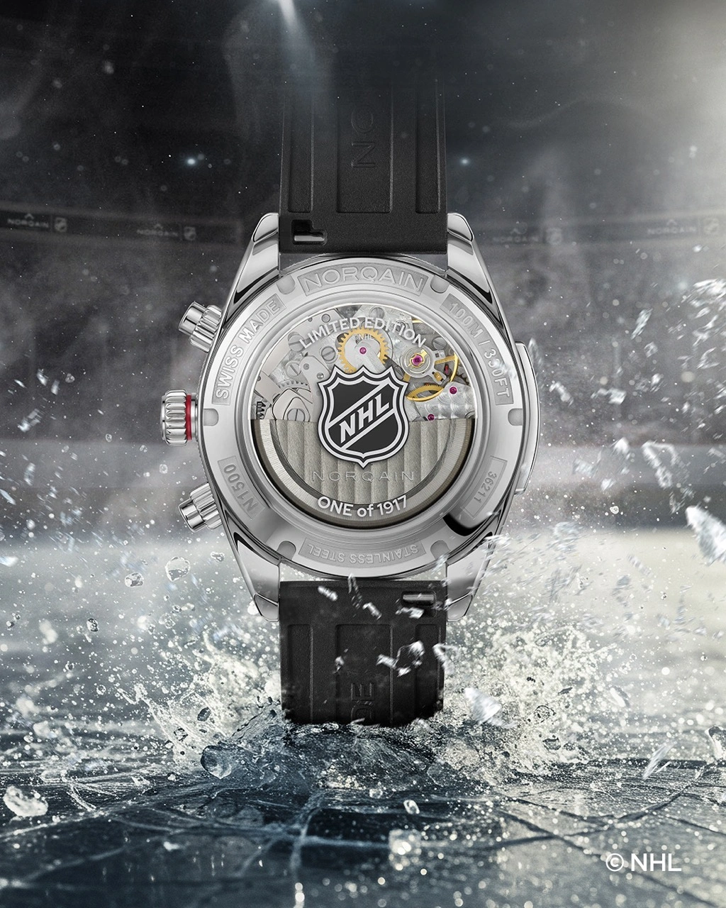 NORQAIN Adventure Chrono 41mm NHL Limited Edition presented in its special rink-inspired box with NHL puck
