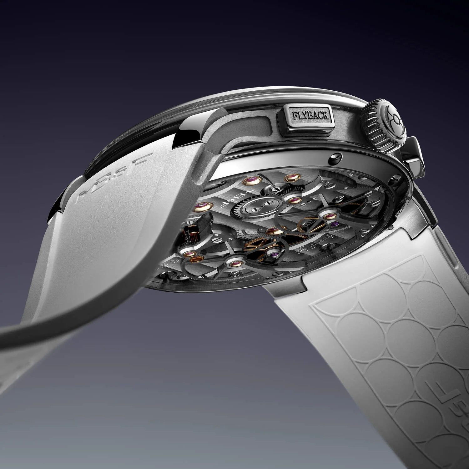 Caseback of the MB&F LM Sequential Flyback EVO showcasing the Sequential calibre and darkened bridges