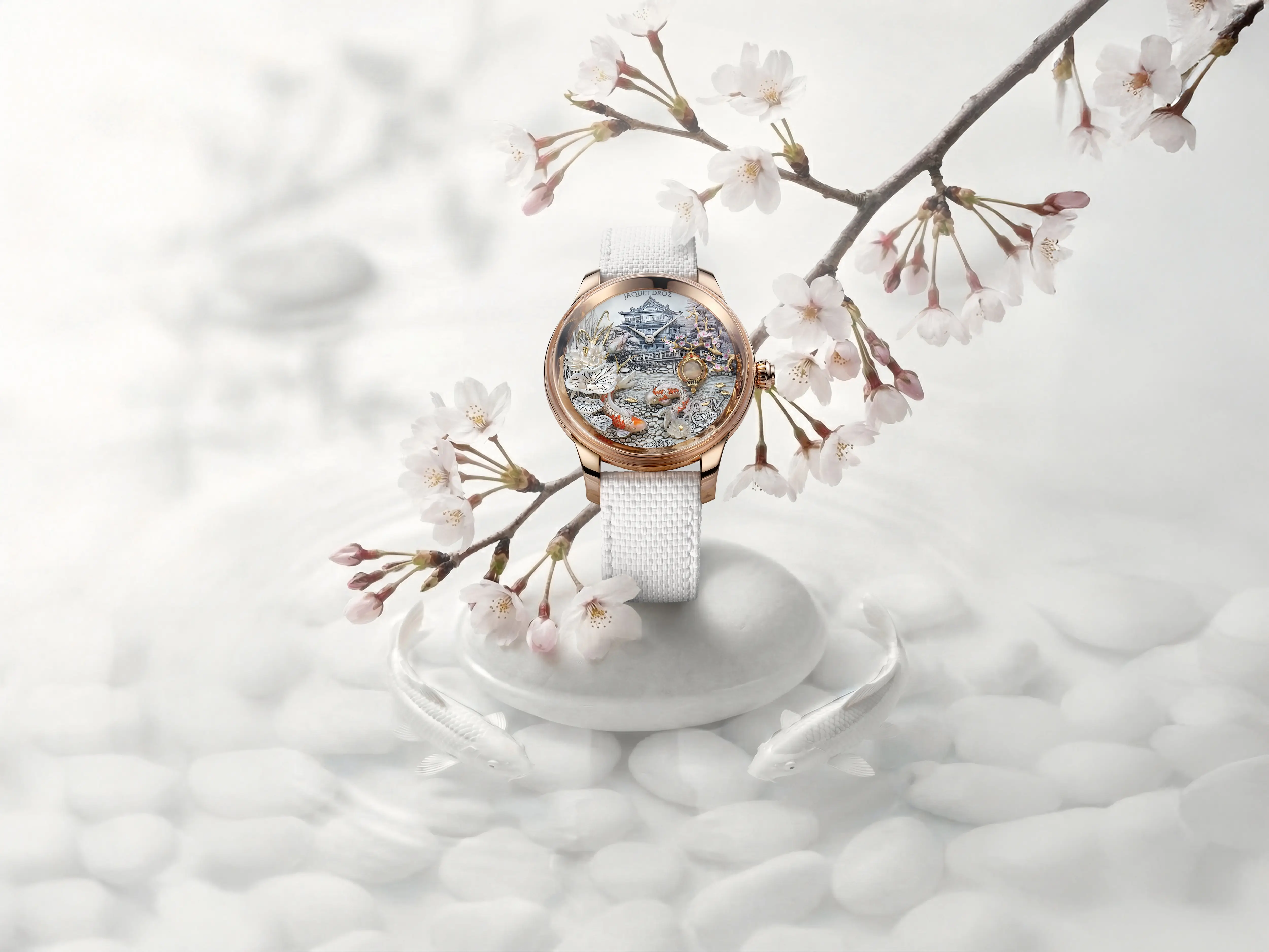 Side view of the Jaquet Droz Petite Heure Minute Red Gold – Japanese Garden highlighting the glass box crystal