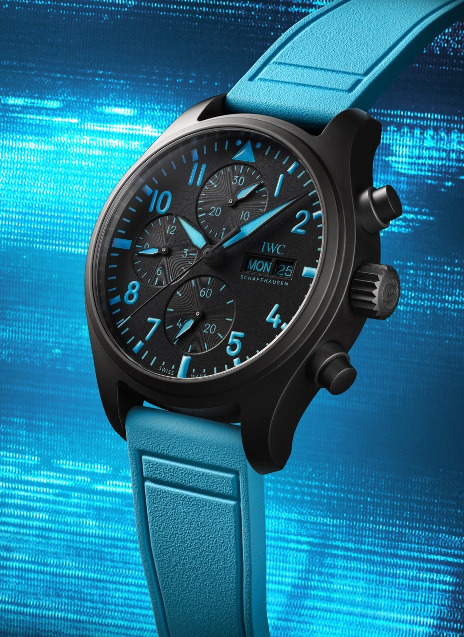 Detail of George Russell’s 63 engraving and blue Super-LumiNova on IWC Pilot’s Watch