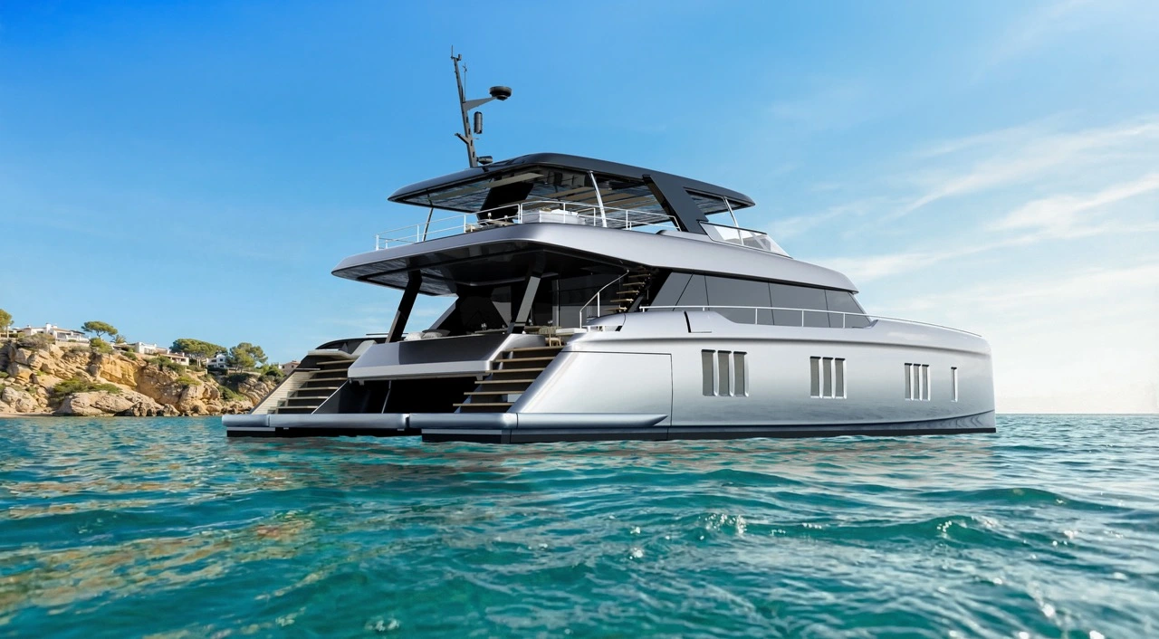 Aft view of the 80 Sunreef Power NEXT highlighting outdoor lounging areas