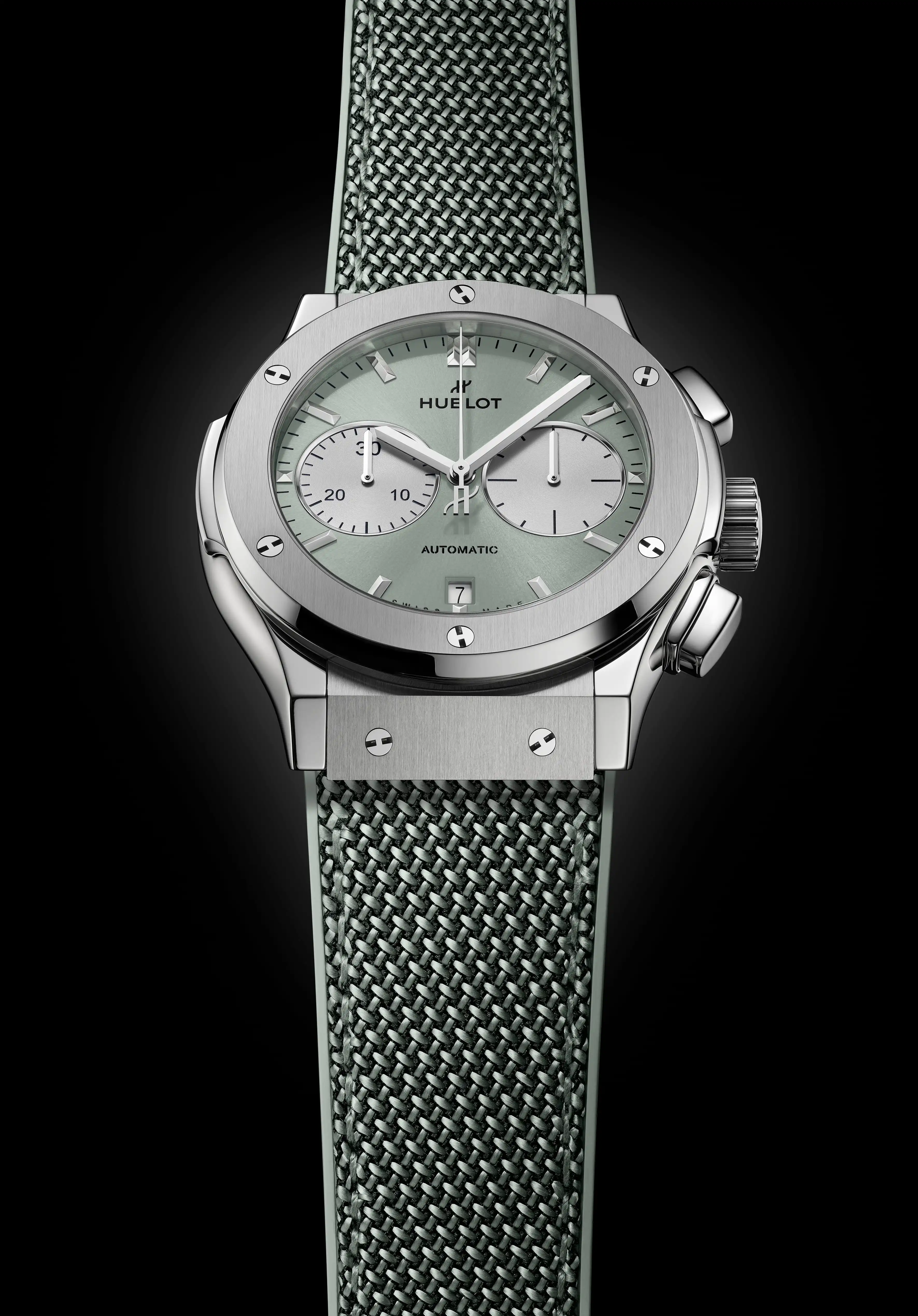 Hublot Classic Fusion Chronograph Titanium Sage Green on sage green rubber and fabric strap