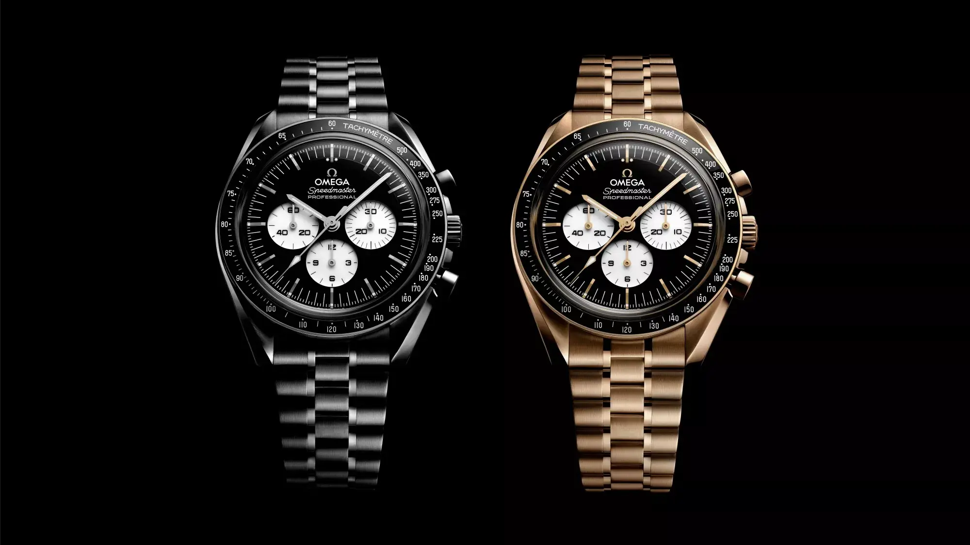OMEGA Speedmaster Moonwatch with black and white step dial and ceramic bezel
