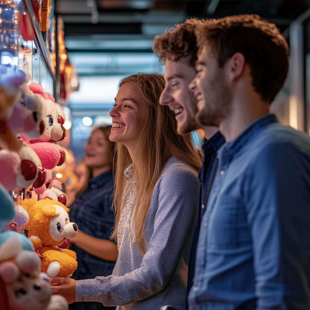 Office workers winning a prize from a crane game at a corporate party. Office workers winning a prize from a crane game at a corporate party.