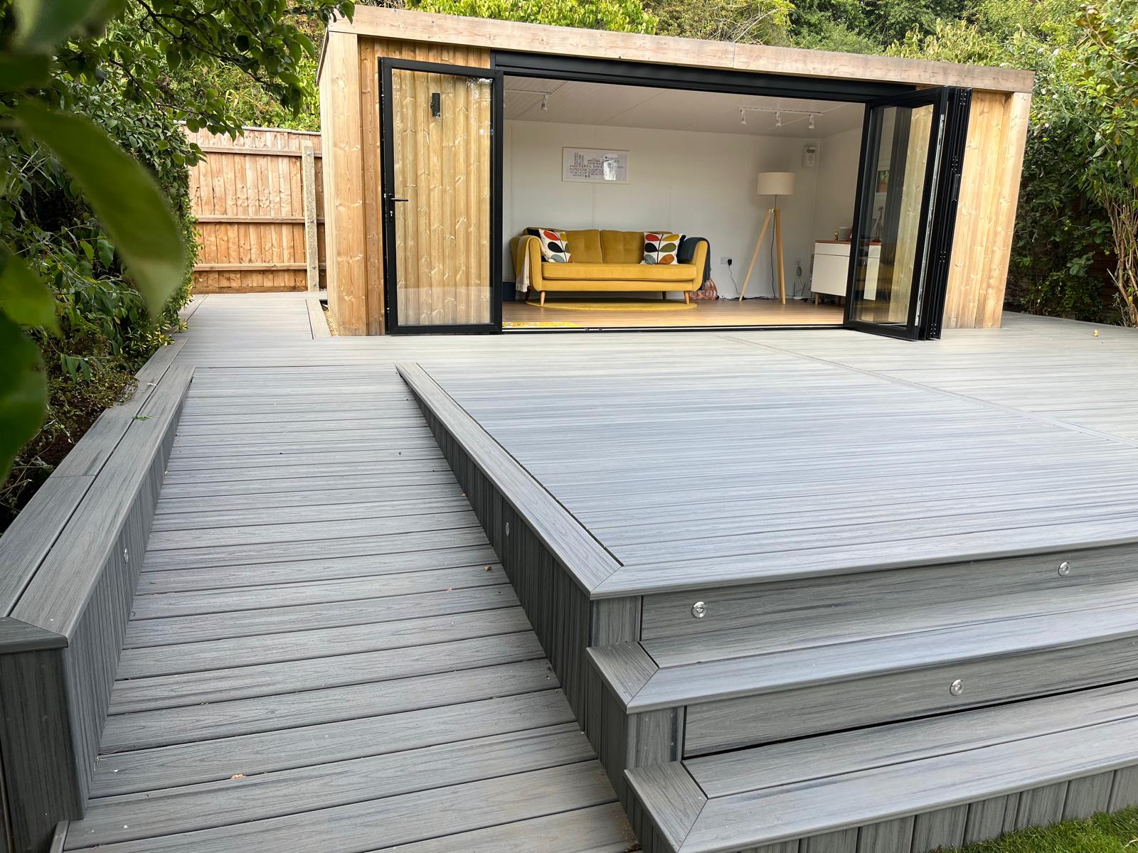 Modern Trex Transcend Island Mist decking with accessible ramp and garden room – Beams & Braces Norfolk