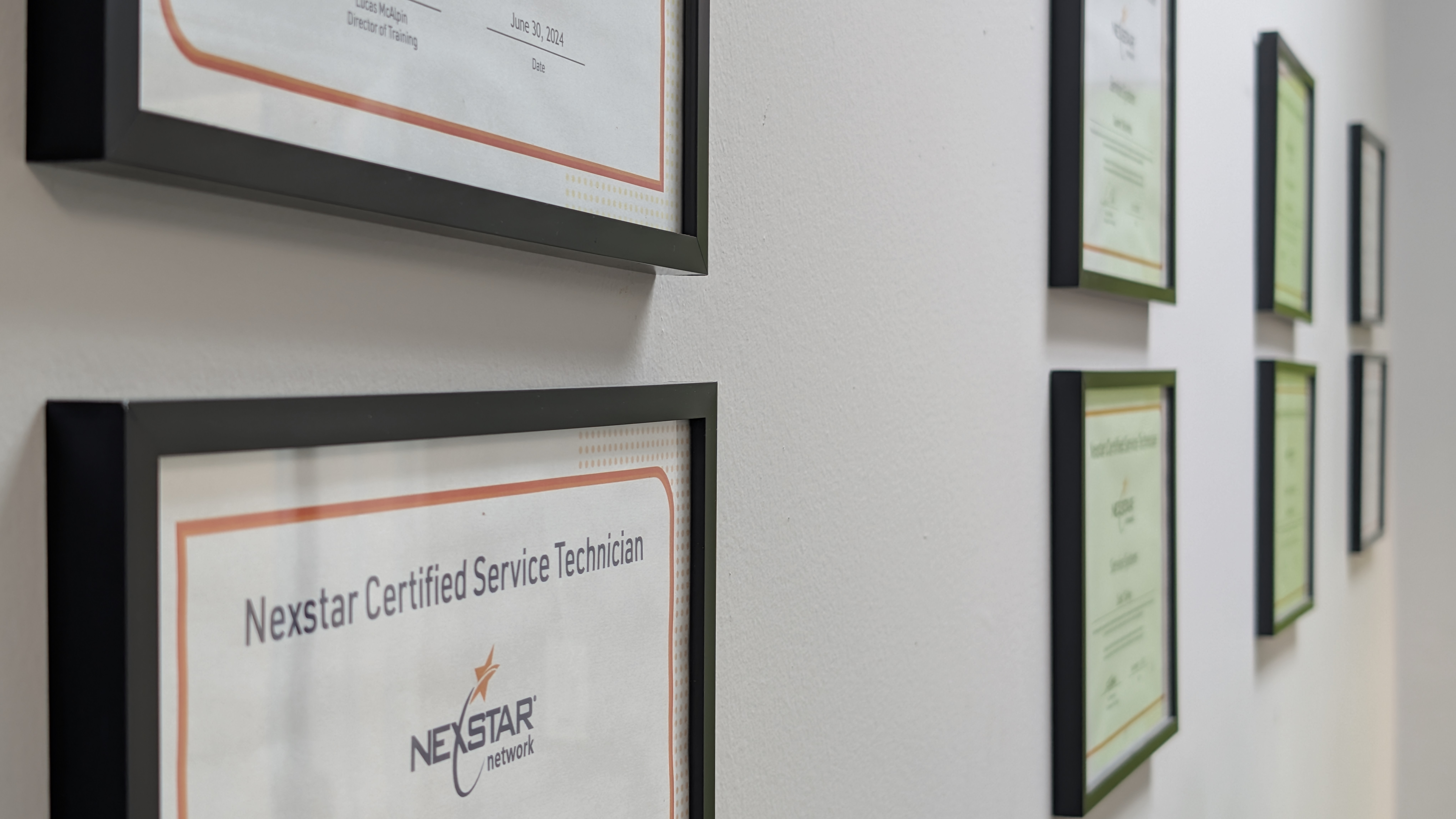 Framed certifications showcasing technician expertise at Plumbing, Cooling, and Electrical Nerds. Framed certifications showcasing technician expertise at Plumbing, Cooling, and Electrical Nerds.
