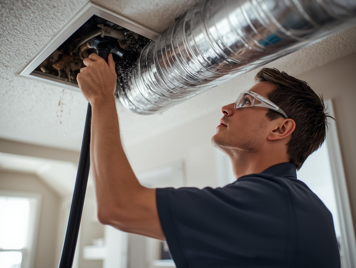 an expert hvac tech cleaning a dirty air duct system in a home in mesquite tx