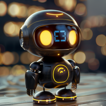 Ultra-realistic 3D render of a friendly chatbot answering questions about automated review requests, featuring gold and navy blue branding, glowing icons, and a modern, approachable design.