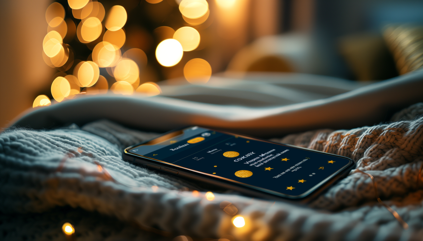 Smartphone showing a gold and navy blue branded social media post with a glowing customer review repurposed for marketing Smartphone showing a gold and navy blue branded social media post with a glowing customer review repurposed for marketing