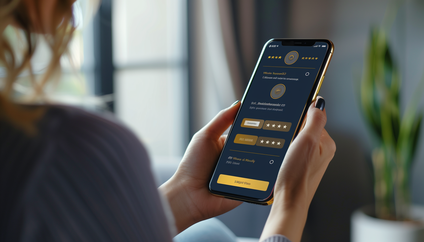 Mobile screen showing Review Scraper branded review request with gold and navy UI, customer preparing to leave feedback Mobile screen showing Review Scraper branded review request with gold and navy UI, customer preparing to leave feedback