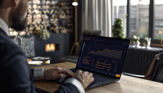 Business owner analyzing customer sentiment trends using Review Scraper’s AI-powered reporting interface in gold and navy colors Business owner analyzing customer sentiment trends using Review Scraper’s AI-powered reporting interface in gold and navy colors