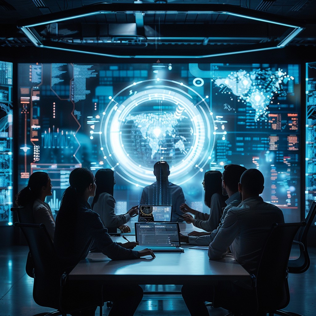 Executive team collaborating at digital dashboards