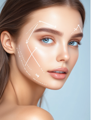 oung woman with facial contouring lines illustrating targeted areas for non-surgical facial rejuvenation at One8Clinic, Melrose Arch, Johannesburg. oung woman with facial contouring lines illustrating targeted areas for non-surgical facial rejuvenation at One8Clinic, Melrose Arch, Johannesburg.