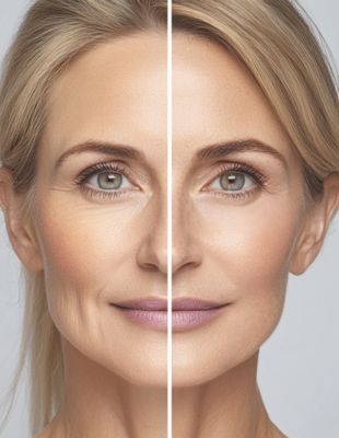 Split image showing before and after results of non-surgical facial rejuvenation — smoother skin and lifted features at One8Clinic in Sandton, Johannesburg. Split image showing before and after results of non-surgical facial rejuvenation — smoother skin and lifted features at One8Clinic in Sandton, Johannesburg.