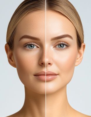 Before and after image of a woman showing smoother skin and enhanced facial symmetry — non-surgical facial rejuvenation results Before and after image of a woman showing smoother skin and enhanced facial symmetry — non-surgical facial rejuvenation results