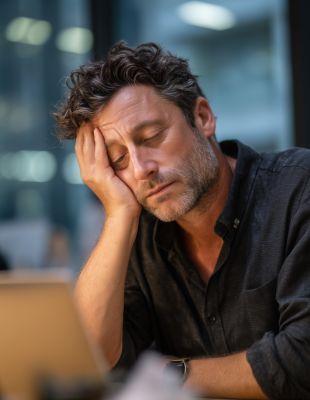 Exhausted man experiencing burnout and fatigue at work – potential candidate for adrenal fatigue IV drip therapy