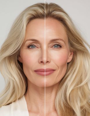 Before and after results of facial thread lift showing skin tightening and rejuvenation effects on a mature woman’s face. Before and after results of facial thread lift showing skin tightening and rejuvenation effects on a mature woman’s face.