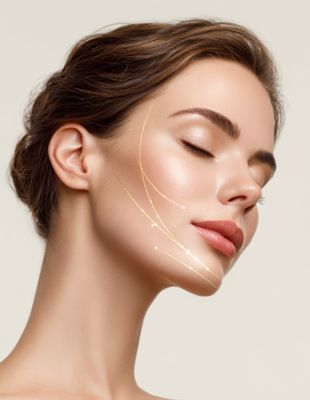 Side profile of a woman showing thread lift vector lines along the cheek, illustrating non-surgical facelift results and skin tightening. Side profile of a woman showing thread lift vector lines along the cheek, illustrating non-surgical facelift results and skin tightening.