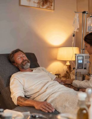 Man receiving iron IV drip therapy in a clinical wellness setting to treat iron deficiency and restore energy levels at One8Clinic.