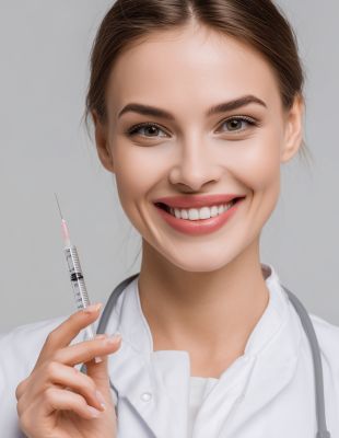 Smiling medical professional holding a syringe before administering safe, expertly performed lip filler treatment. Smiling medical professional holding a syringe before administering safe, expertly performed lip filler treatment.